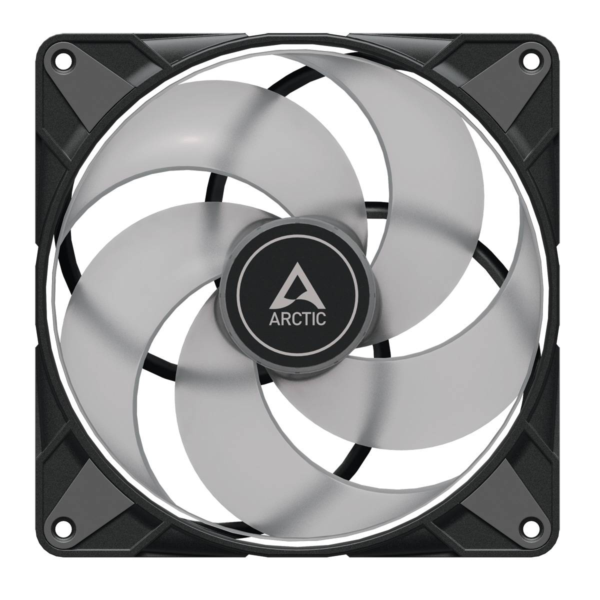 Un ventilatore quadrato per computer con pale rotanti trasparenti in movimento. Al centro è presente un logo con la scritta 'Arctic'.