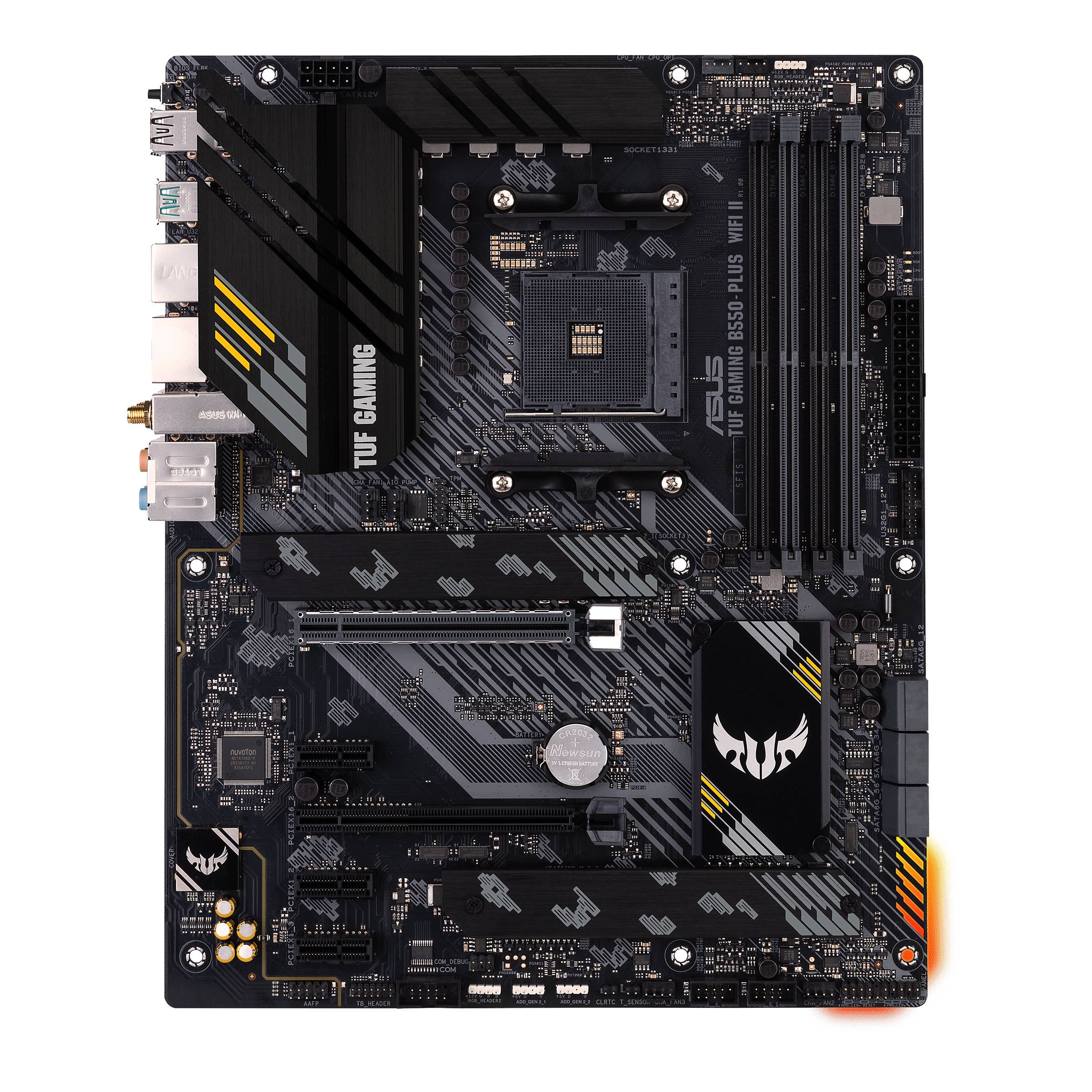 Una scheda madre 'ASUS TUF Gaming B550-PLUS', mostra gli slot per CPU, RAM e PCIe, nonché le porte per USB e Audio.