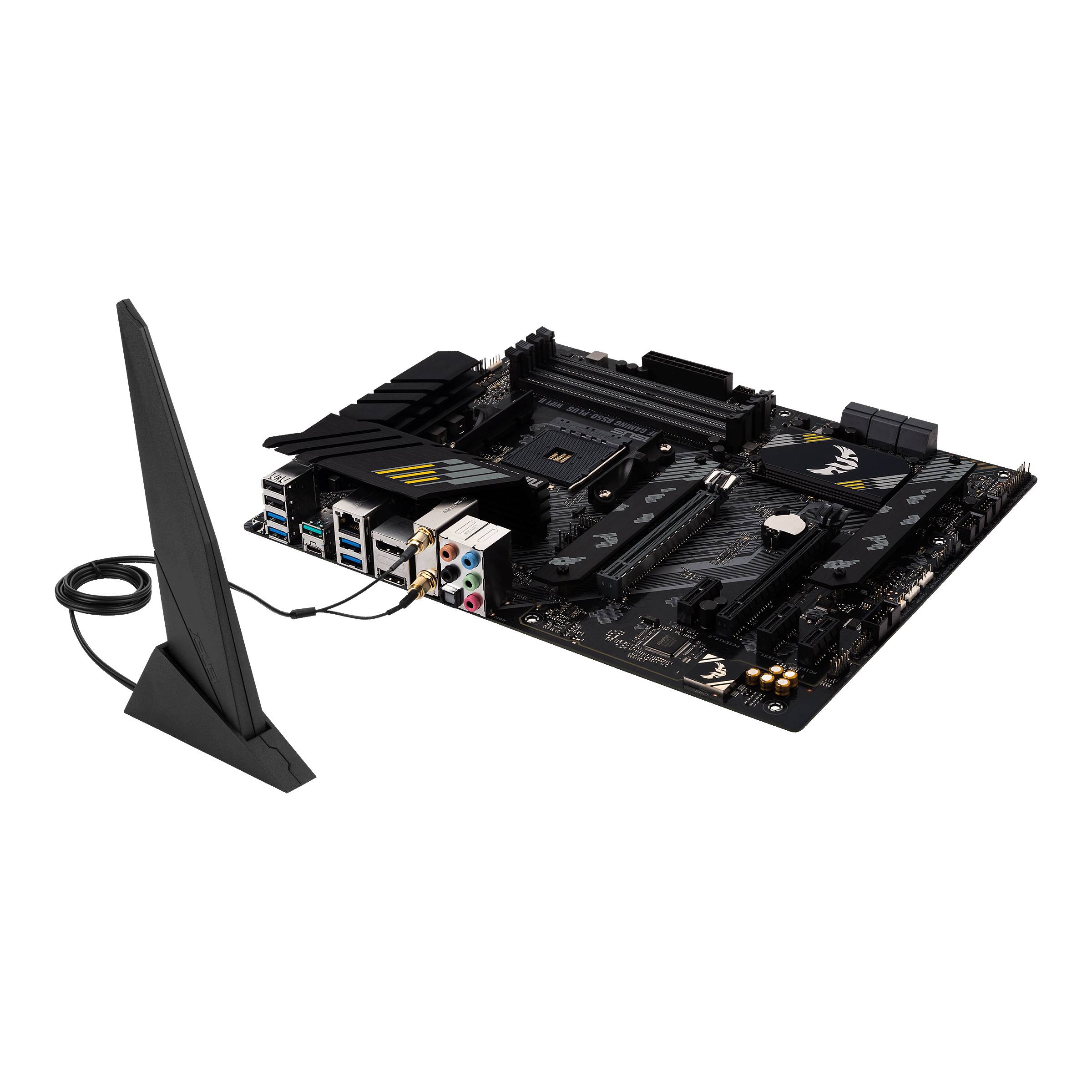 Una scheda madre con più porte USB e un connettore per antenna WLAN. Un'antenna è collegata e si trova accanto.