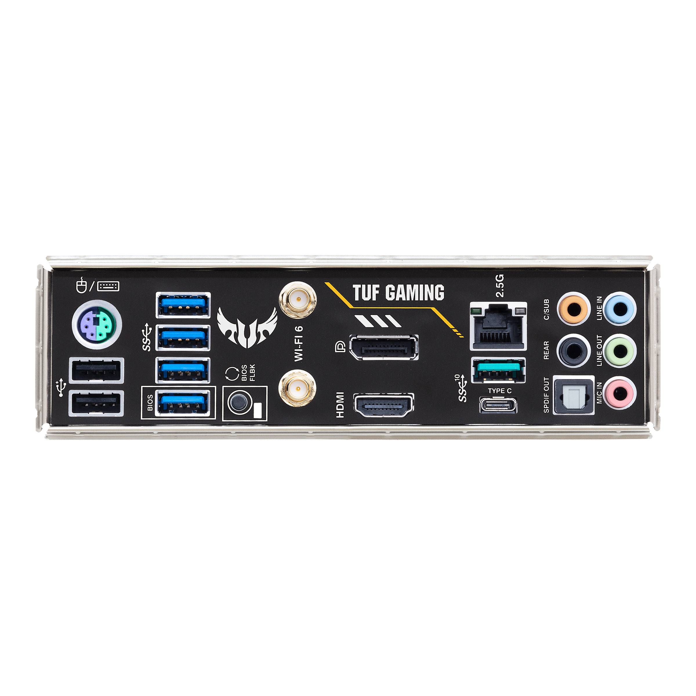 'Retro della scheda madre con porte: USB, HDMI, DisplayPort, Ethernet, Audio. Logo TUF GAMING visibile.'