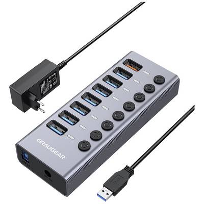 Hub USB con 10 porte, alimentato elettricamente, con sette porte USB blu e tre arancioni. Ogni porta ha un interruttore di accensione/spegnimento.