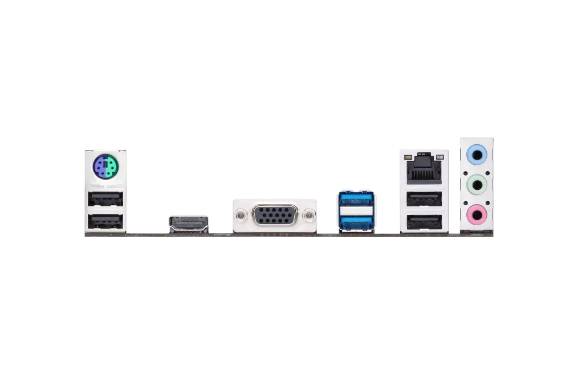 Connettori sul retro di una scheda madre del computer: PS/2, USB, HDMI, VGA, Ethernet, Audio. Per dispositivi periferici e connessione di rete.