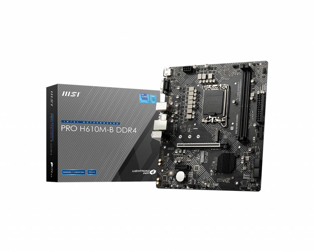 Una scheda madre MSI PRO H610M-B DDR4 è posizionata accanto alla sua confezione. È adatta per applicazioni informatiche ad alte prestazioni.