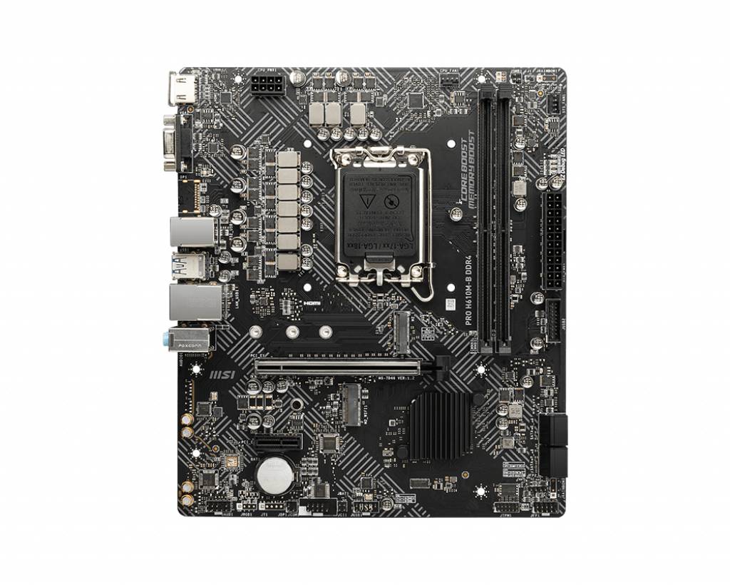 Una scheda madre nera con vari connettori e componenti, tra cui slot PCIe e slot per RAM.