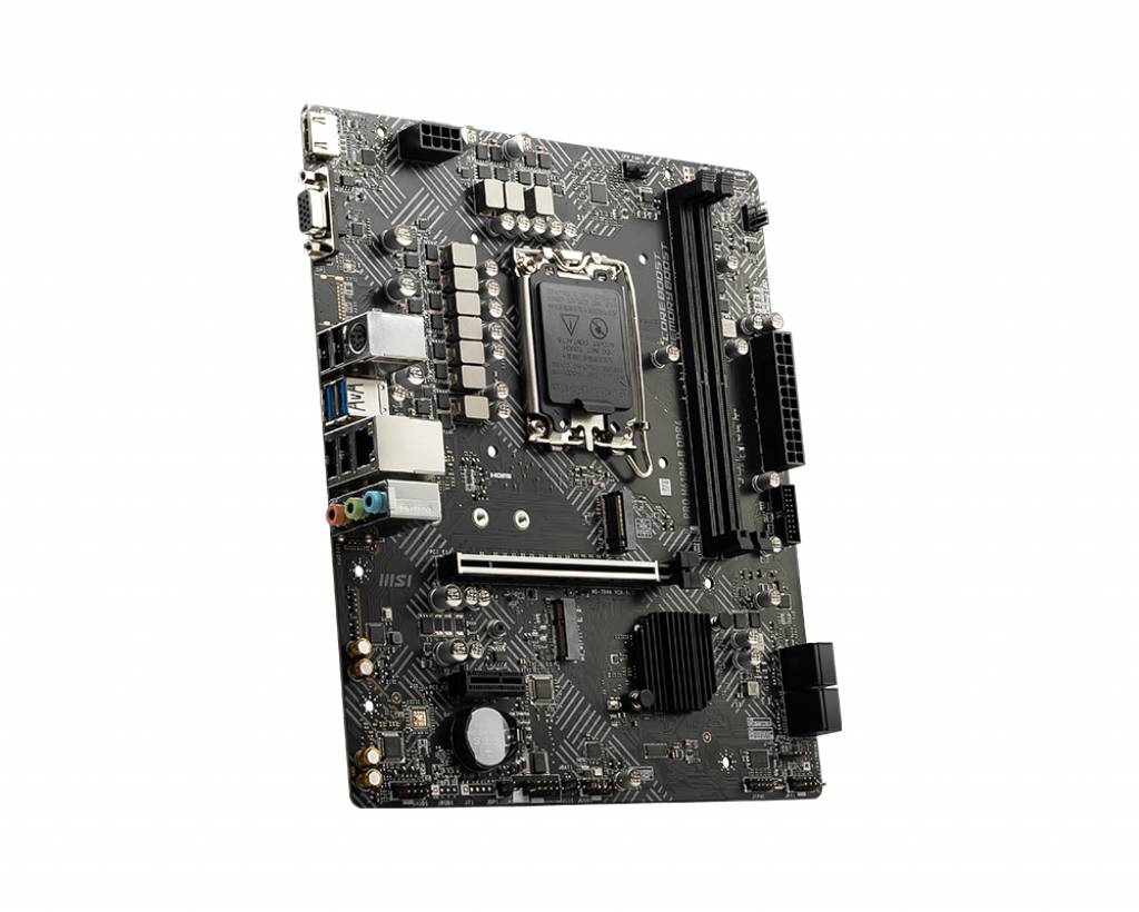 Una scheda madre per computer con vari connettori e slot, tra cui socket per CPU, slot per RAM e slot di espansione.