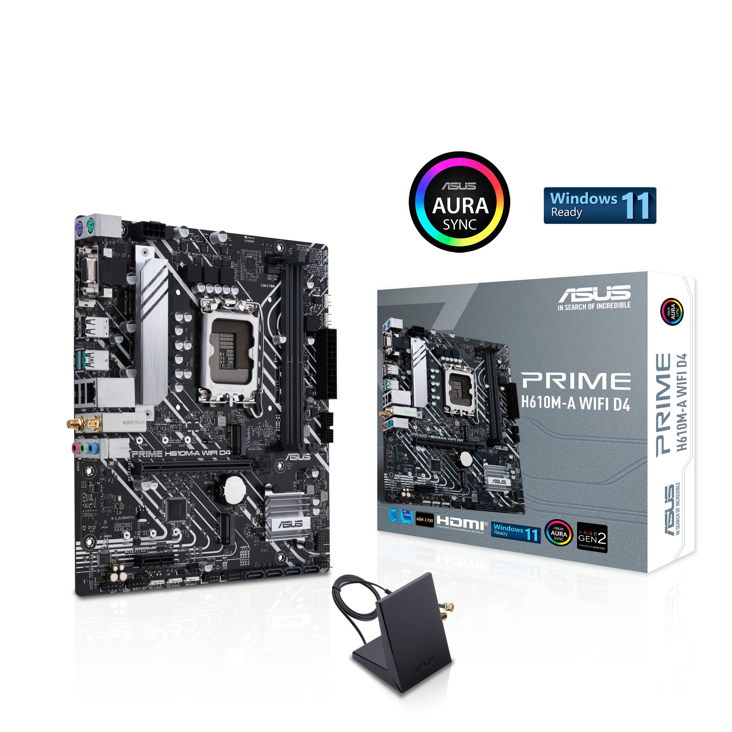Una scheda madre ASUS PRIME H610M-A WIFI D4 accanto alla sua confezione. Adatta per Windows 11 e offre supporto AURA SYNC.