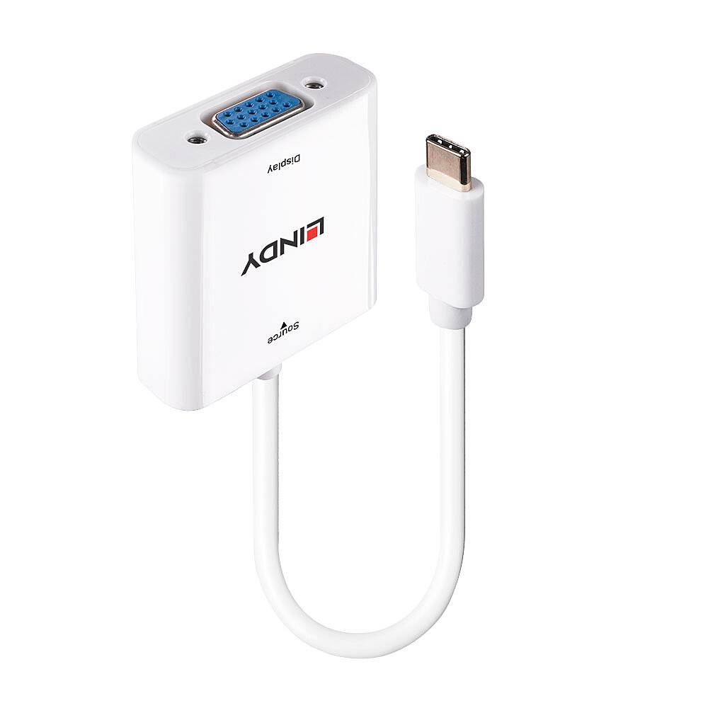 Un adattatore bianco con una porta VGA e un cavo USB-C, idoneo per connettere dispositivi con interfacce diverse.