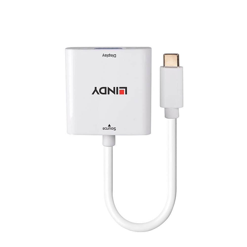 Un adattatore HDMI bianco con etichetta 'LINDY', con connettori display e source, collegato tramite un breve cavo con un connettore USB-C.