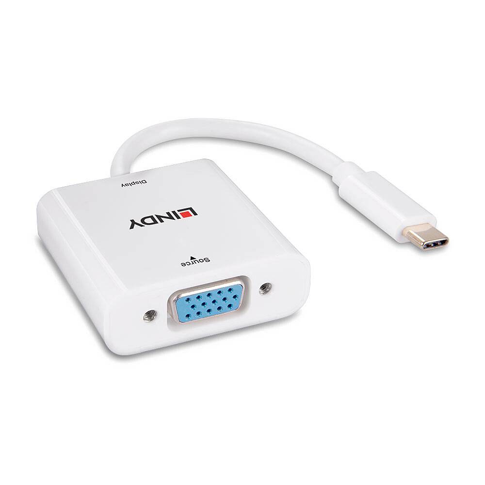 Un adattatore bianco con un connettore USB-C e un'uscita VGA che consente di collegare dispositivi moderni a monitor più datati.