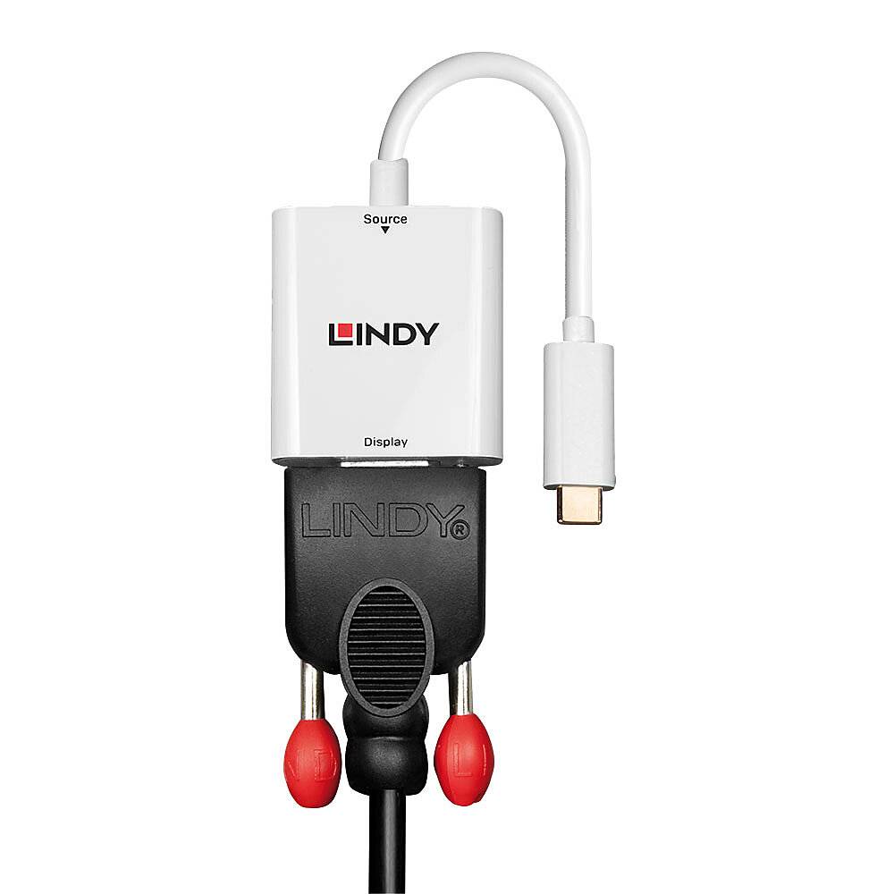 Un adattatore bianco collega un cavo USB-C a un connettore nero che presenta due prese rosse per connessioni audio.