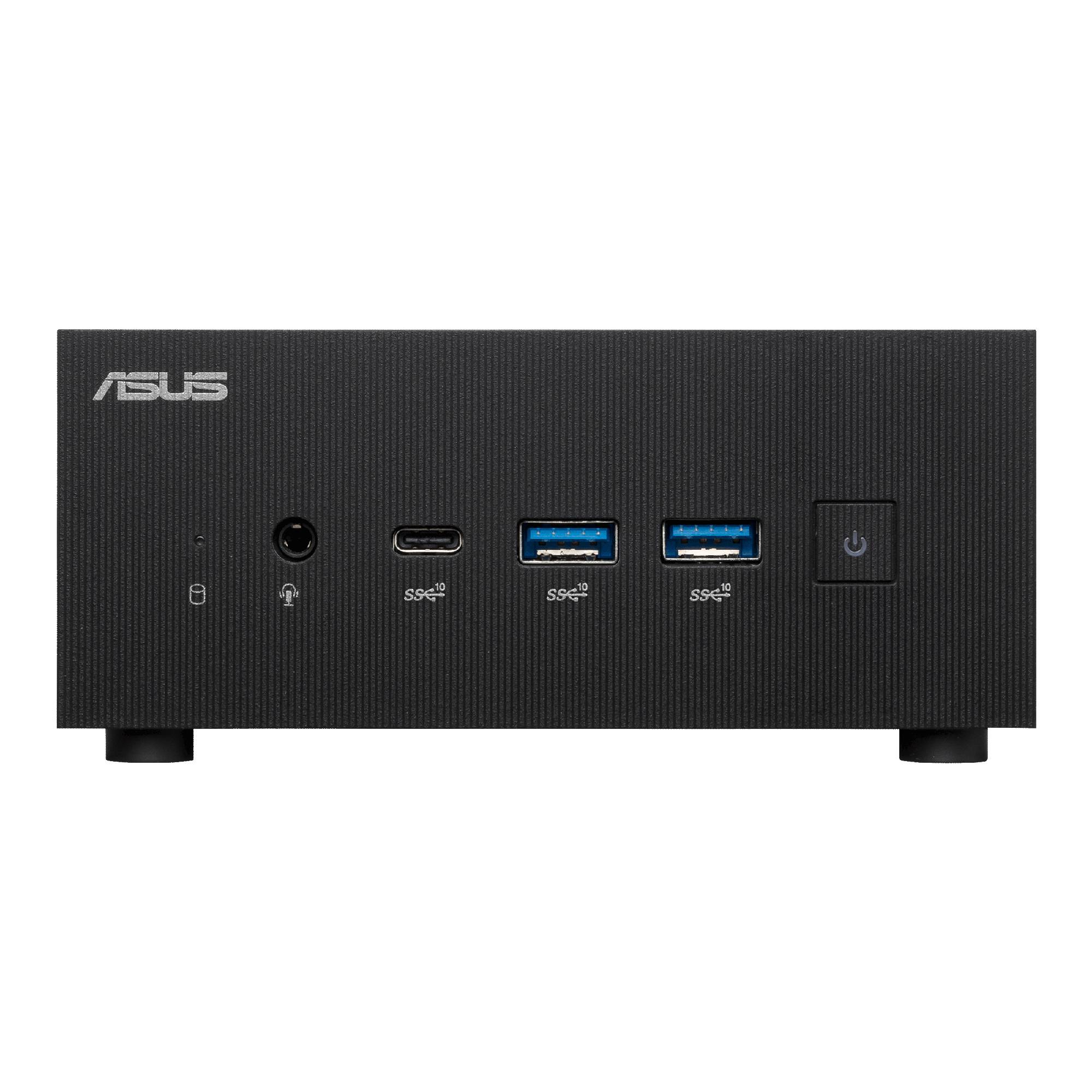 Mini-PC Asus, vista frontale: Include porte USB, jack audio da 3,5 mm e interruttore di accensione. Superficie compatta di colore nero.