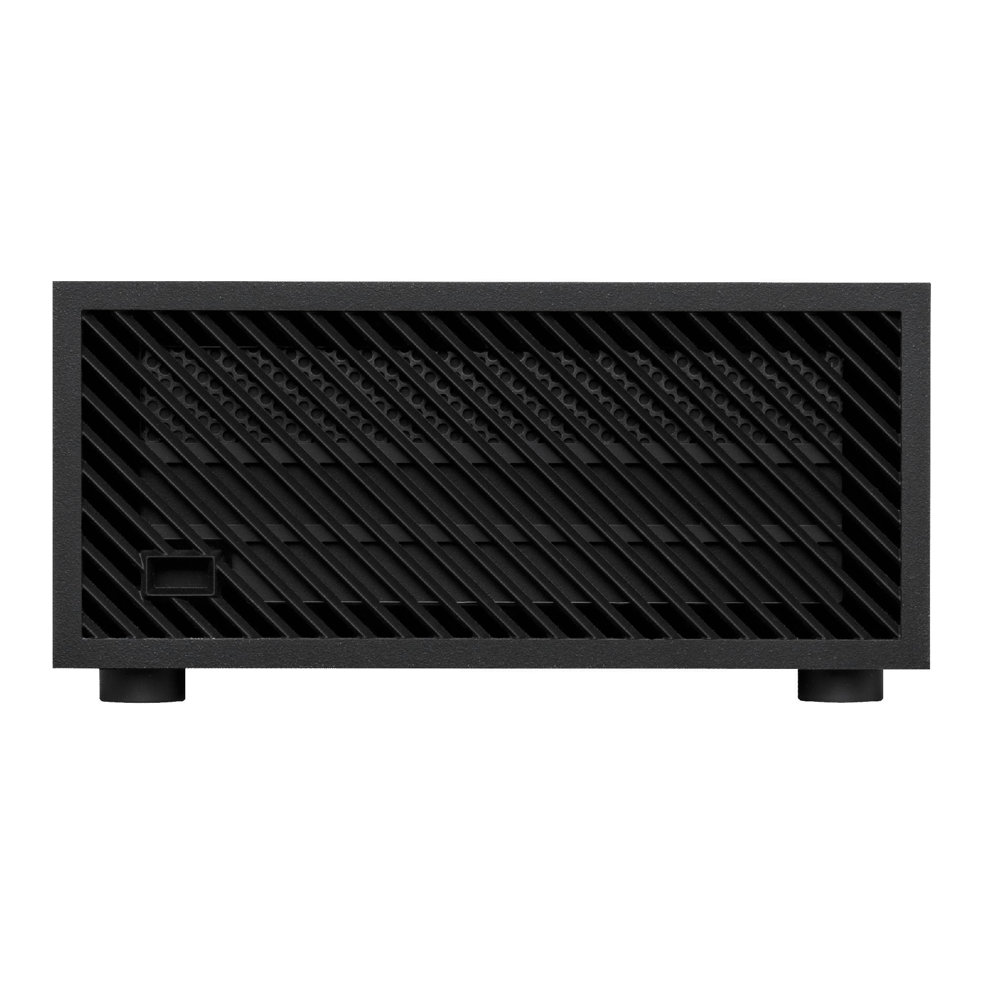 Una scatola tecnica nera, rettangolare, con fessure di ventilazione diagonali e un piccolo attacco sul lato sinistro.