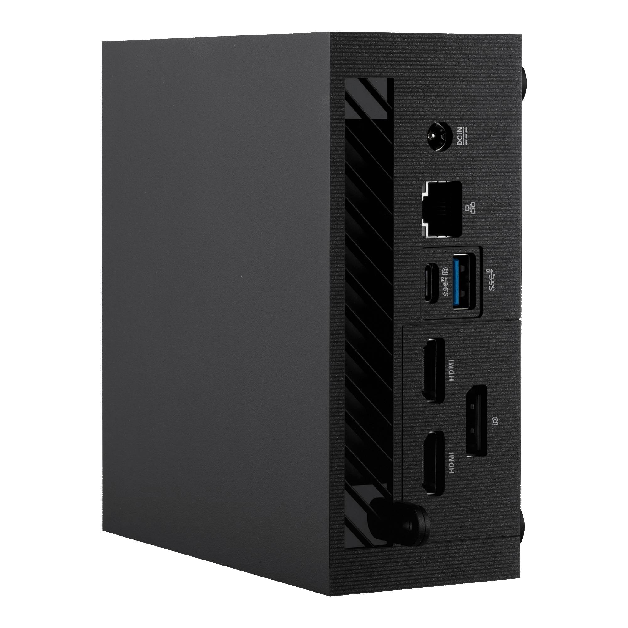 Un mini PC nero con diverse porte sul retro, tra cui Ethernet, USB e HDMI.