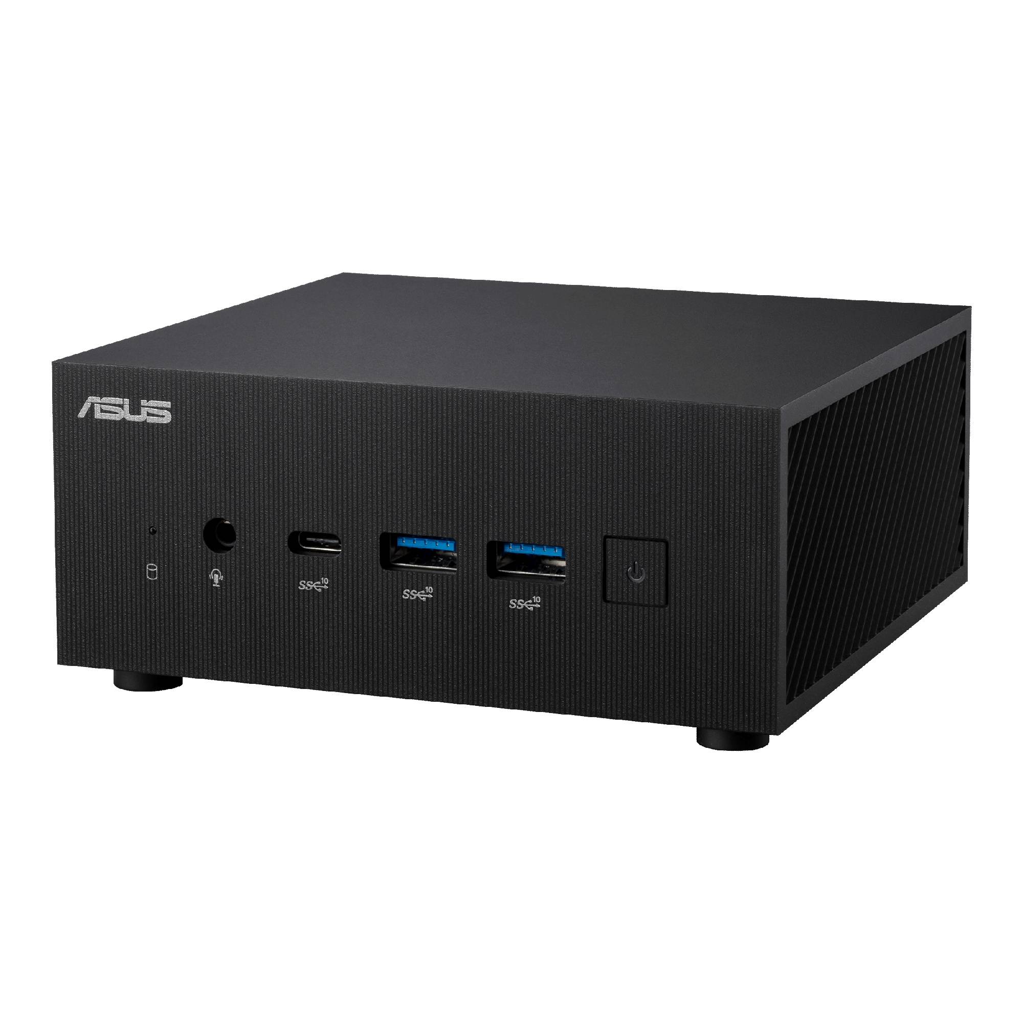Un mini PC nero Asus con diversi porte frontali, tra cui porte USB e porte audio.