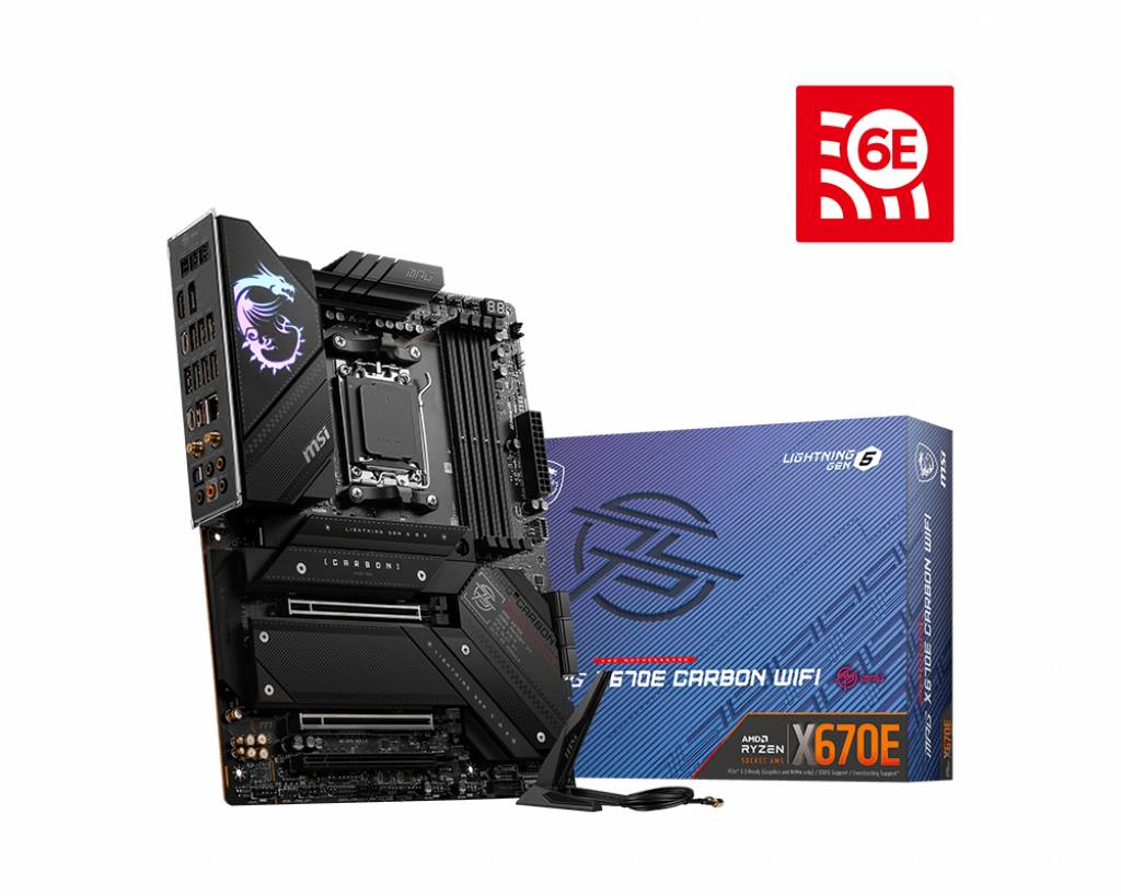 Scheda madre ad alte prestazioni MSI MPG X670E, colore nero, con illuminazione RGB. La confezione mostra il nome del prodotto e la compatibilità WiFi 6E.
