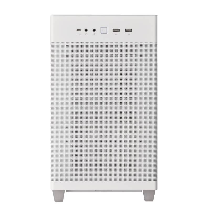 Un case per computer bianco con porte USB e audio in alto. Ha un design a griglia traforata per la ventilazione.