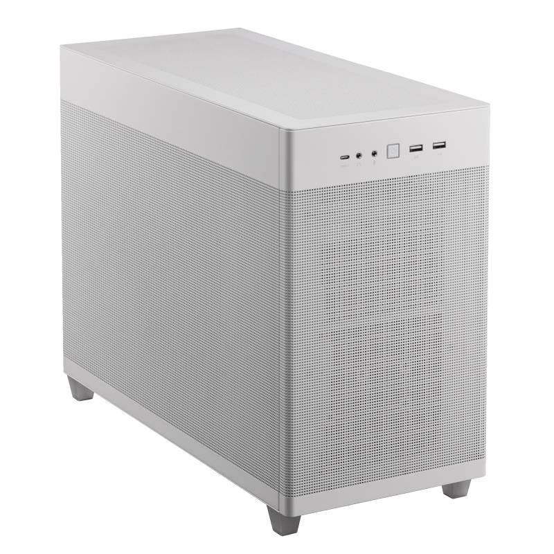 Un tower bianco per PC con design rettangolare, un pattern a griglia sui lati e connettori sul lato frontale.