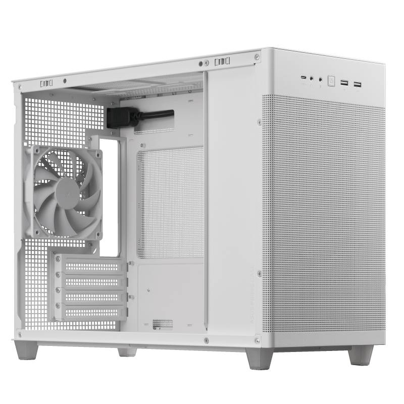 Custodia per computer bianca senza componenti, vista laterale destra. Ventola posteriore e griglie di ventilazione visibili.