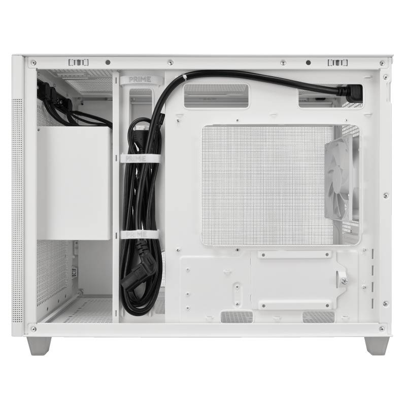 Un case per computer aperto con sistema di gestione dei cavi e ventole, idoneo all'installazione di componenti hardware.
