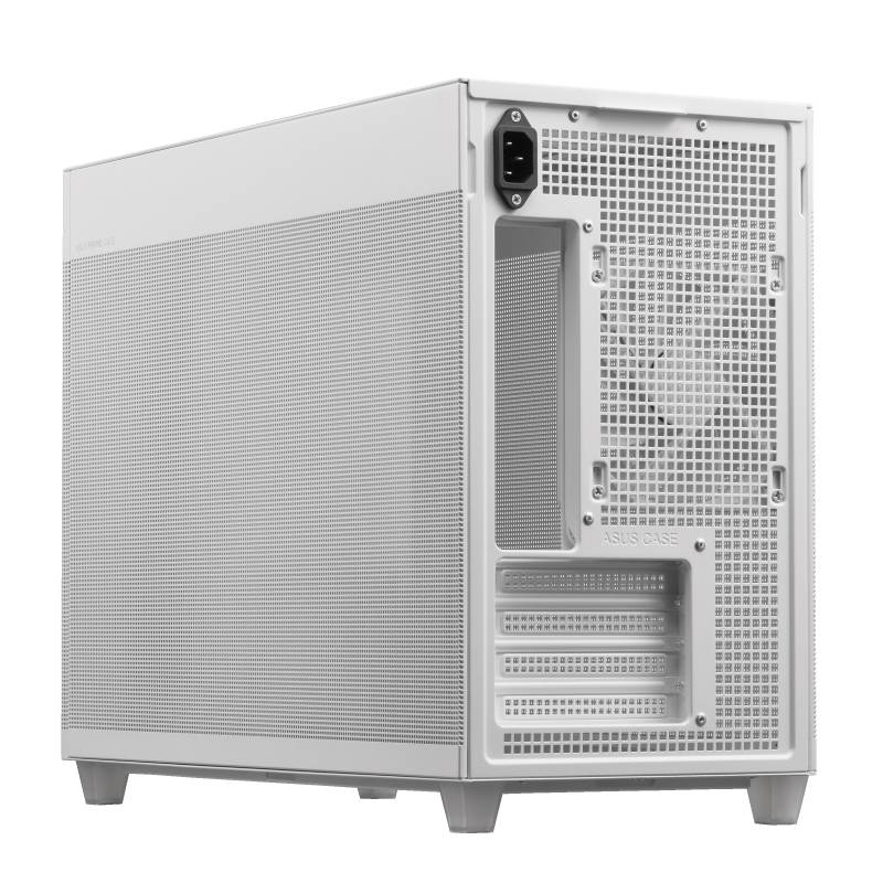 Un case bianco per PC con griglie di ventilazione e slot posteriori, adatto per computer desktop.
