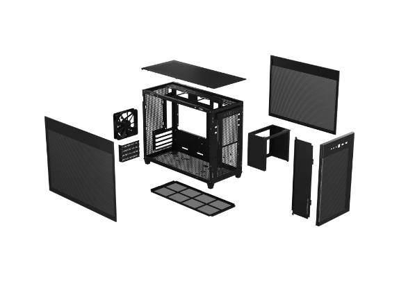 Rappresentazione esplosa di un case per computer con pannelli laterali rimovibili, frontalino, ventole e filtri antipolvere.