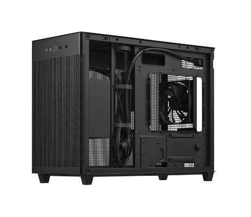 Custodia per computer nera con ventole visibili e gestione dei cavi. Il lato aperto mostra l'interno per i componenti hardware.