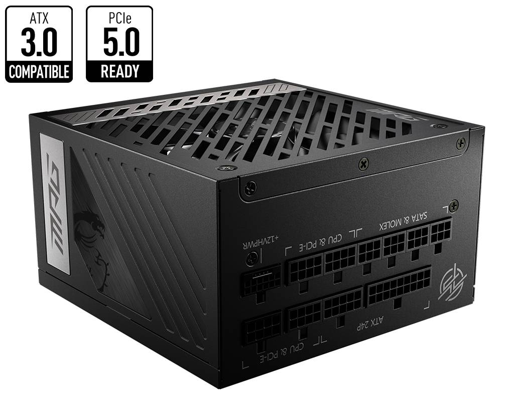 Alimentatore PC nero compatibile con ATX 3.0 e con supporto PCIe 5.0. Presenta diverse opzioni di connessione sul retro.