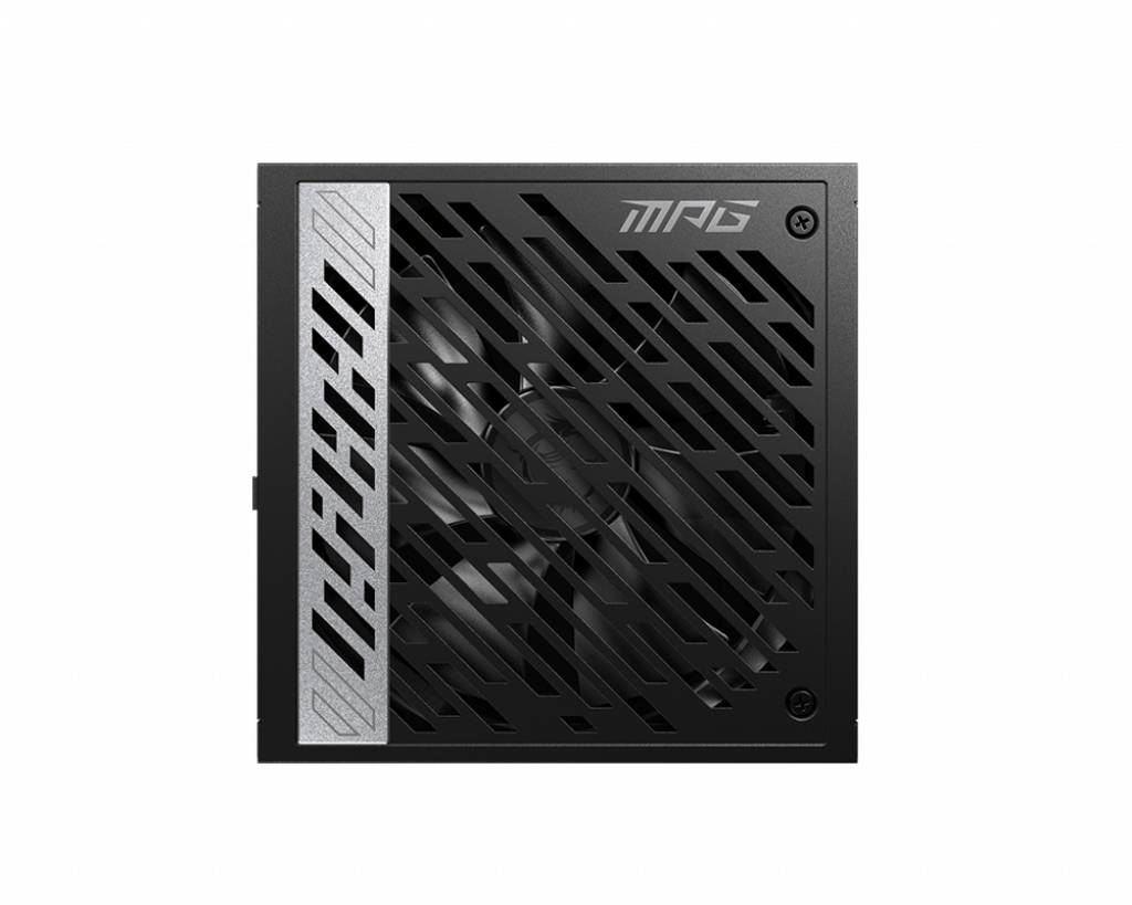 Alimentatore MPG nero con accenti argentati e griglia di ventilazione; visibile dall'alto, adatto per case per computer.