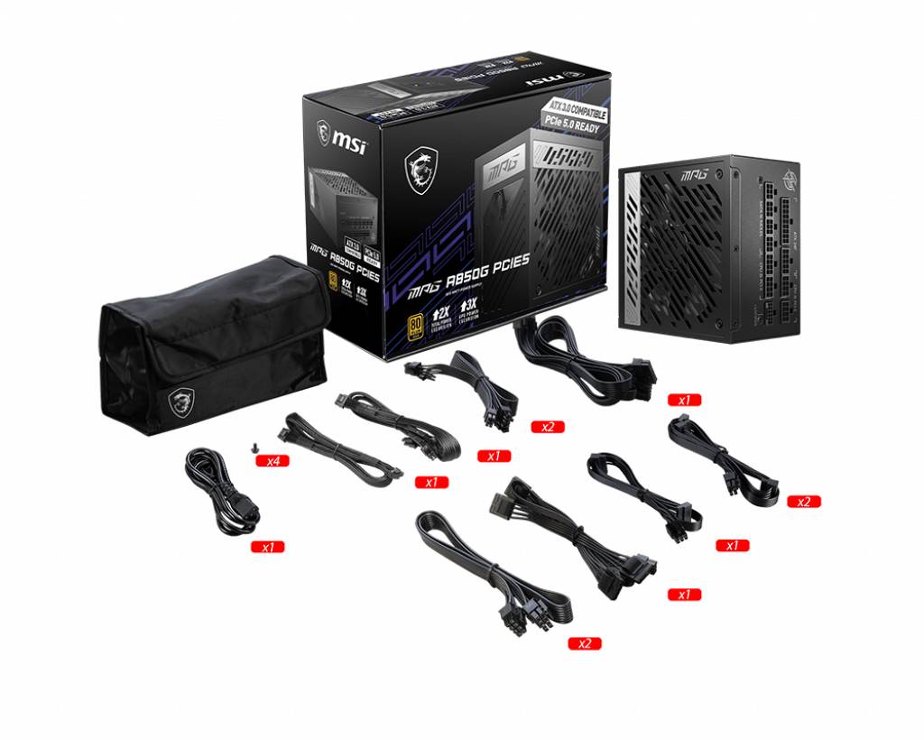Kit di alimentazione MSI composto da alimentatore, una borsa per il trasporto e diversi cavi per collegare i componenti del PC.