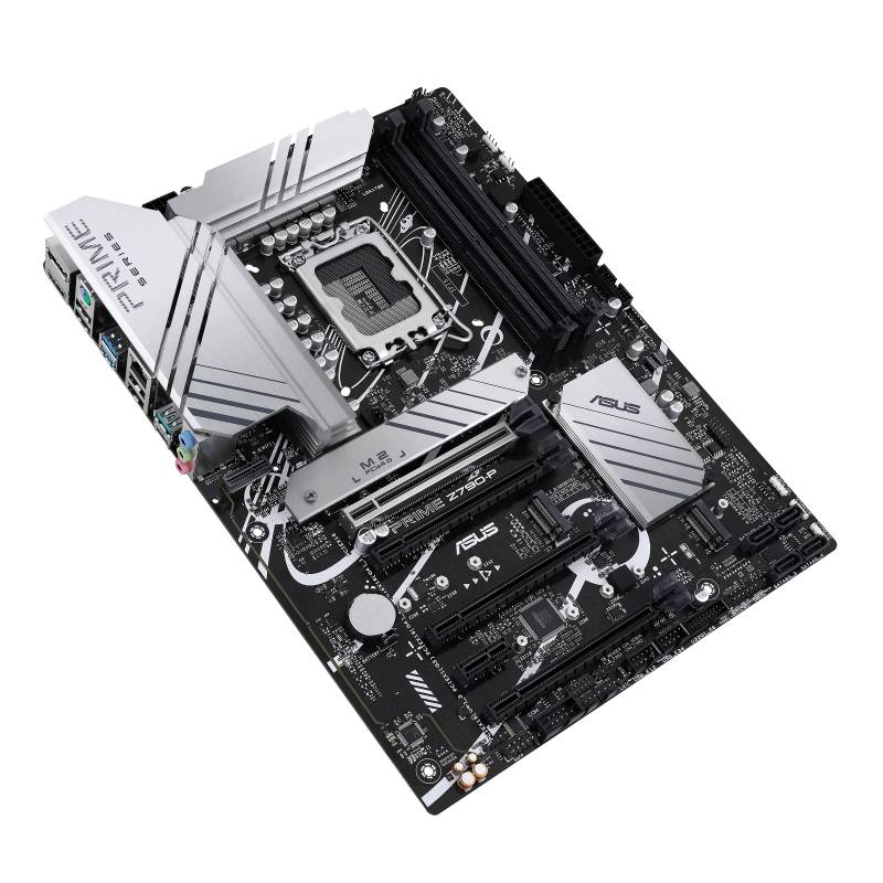 Scheda madre ASUS Prime con slot PCIe, zoccoli RAM e dissipatori di calore. Adatta per assemblaggio del computer ed espansione hardware.