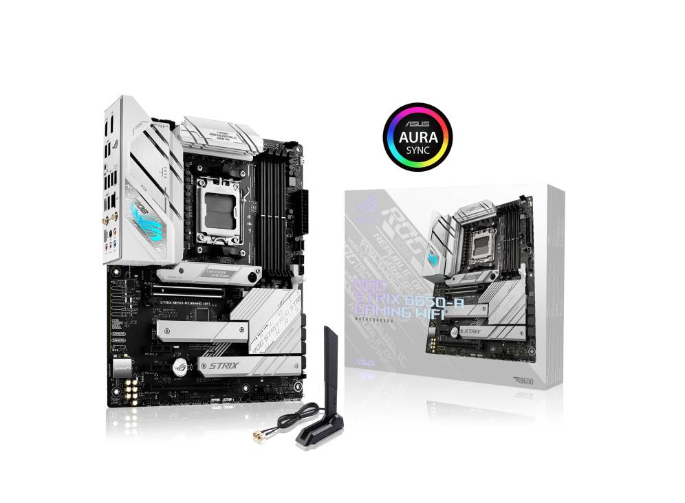 Scheda madre con dissipatore e connettori. Confezione accanto mostra la stessa scheda madre con il logo 'ASUS AURA SYNC'. Accessori inclusi illustrati.