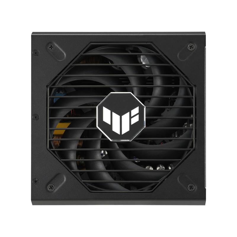 Un'unità di alimentazione per computer nera con un ventilatore centrale, pale del ventilatore visibili e un logo TUF.