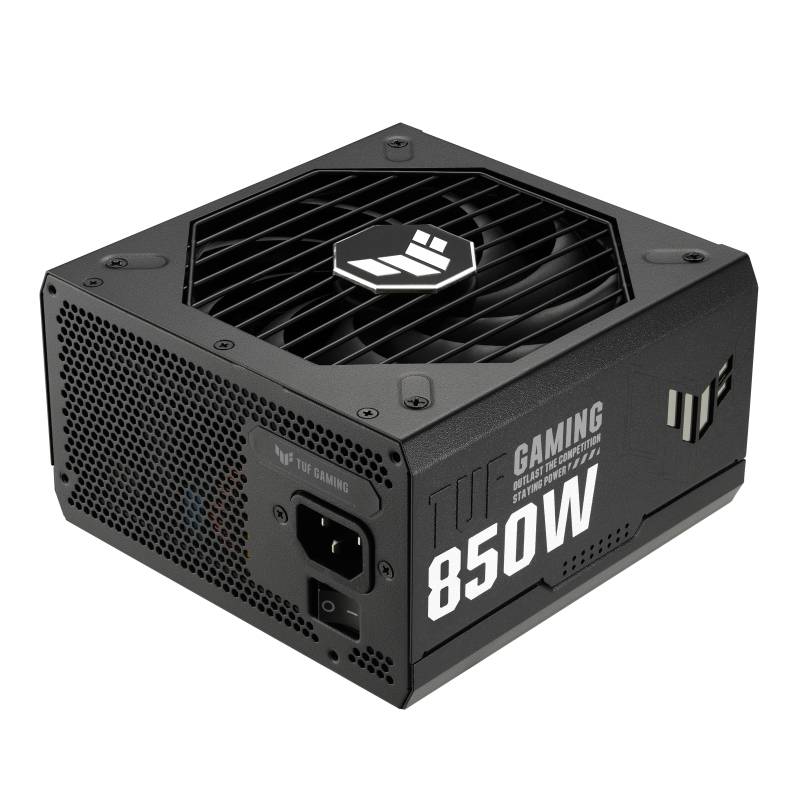 Alimentatore nero da 850 watt per PC da gaming con logo della marca vistoso e multiple aperture di ventilazione per il raffreddamento.