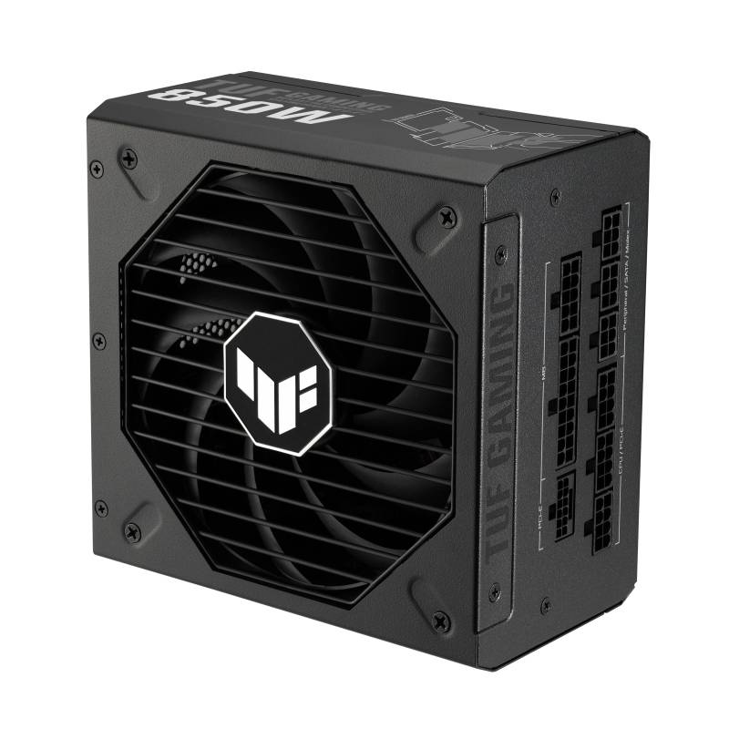 'Alimentatore da gaming nero TUF con ventola e potenza da 850W, che mostra diversi attacchi sul lato.'