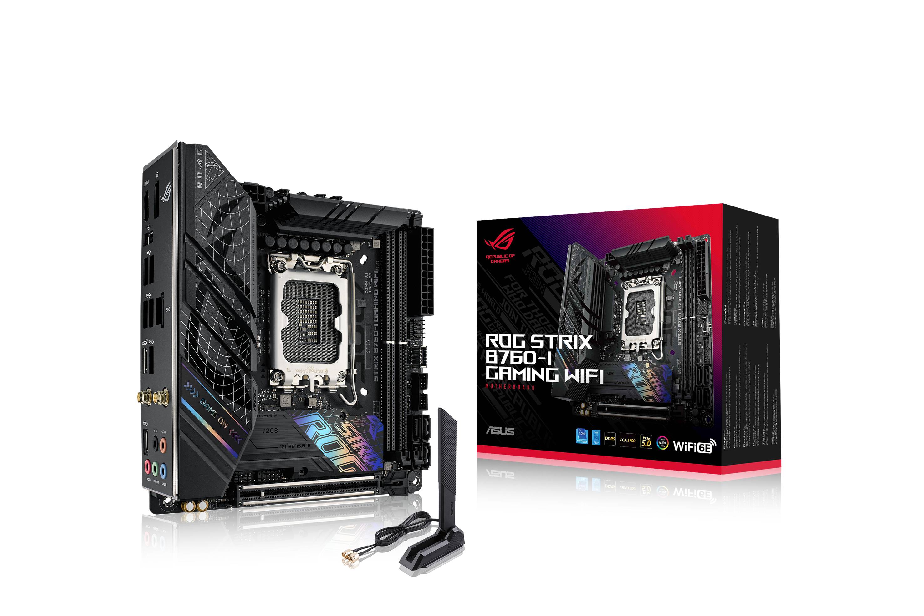 Scheda madre 'ROG STRIX B760-I GAMING WIFI' e confezione. La scheda madre è dotata di antenne Wi-Fi e cavi.