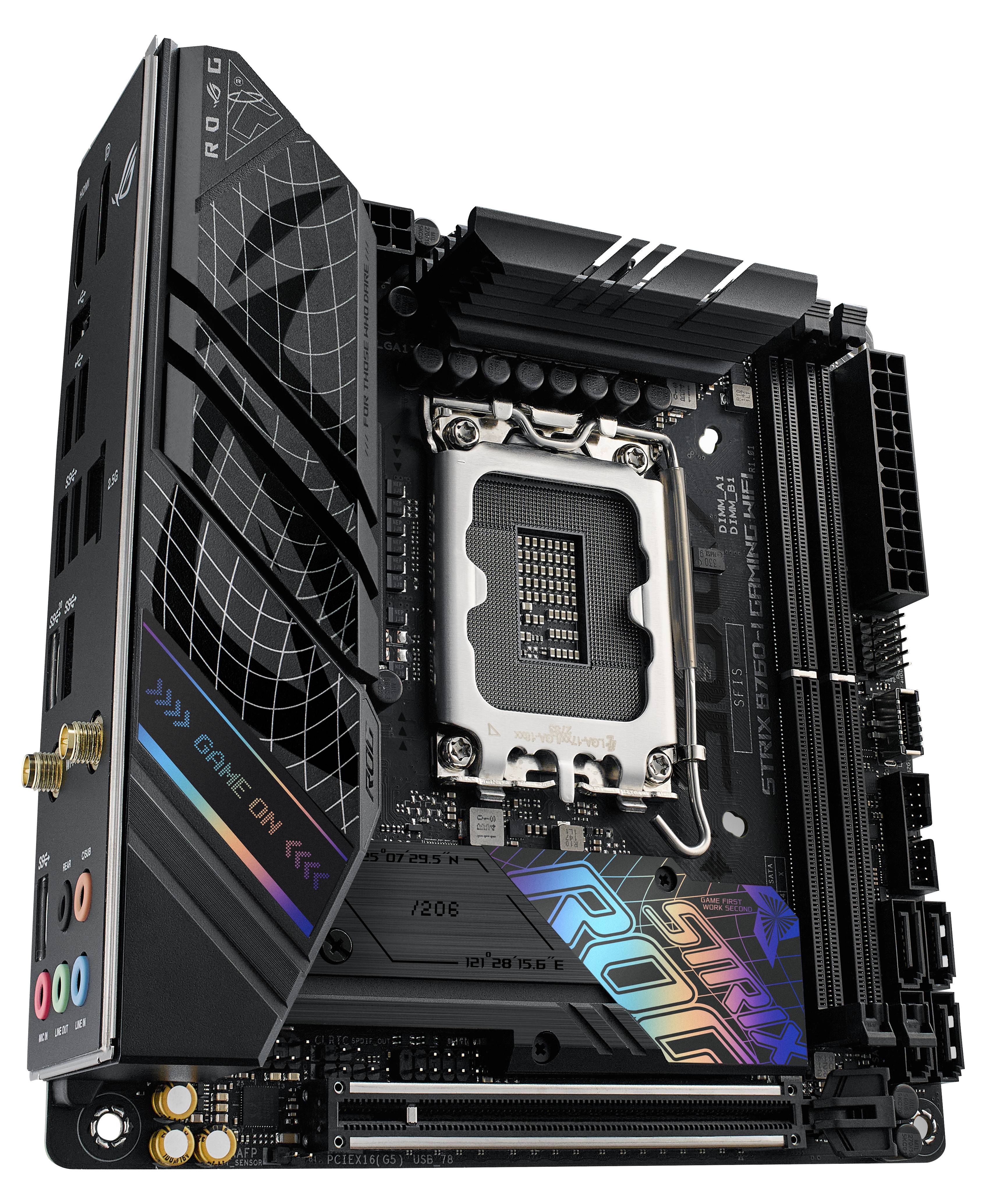 Scheda madre da gaming con design nero, illuminazione RGB e scritta 'Game On'. Due slot PCIe e diversi connettori audio e USB.