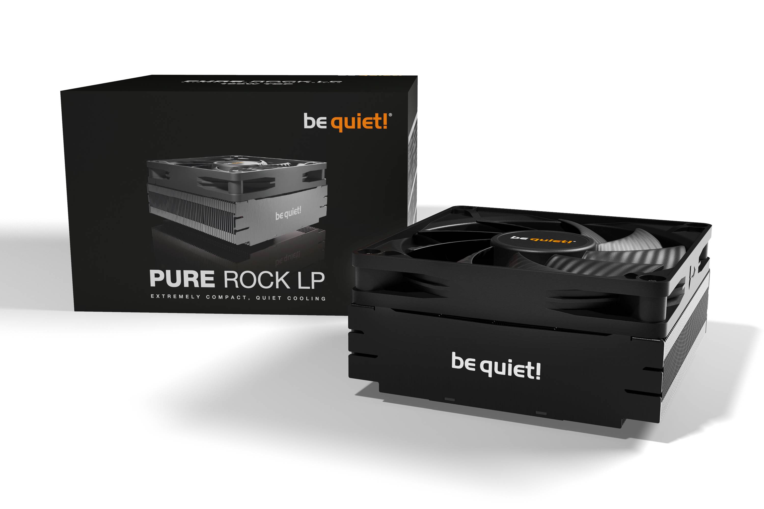 Dissipatore "be quiet! PURE ROCK LP" accanto alla confezione; compatto, funzionamento silenzioso, design elegante. Ideale per il raffreddamento silenzioso del PC.