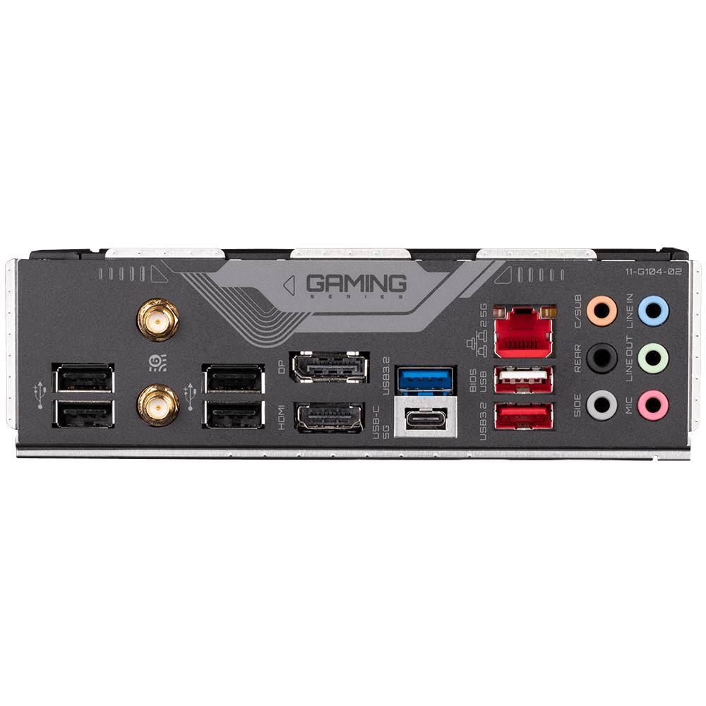 Retro di una scheda madre con diverse porte: porte USB, HDMI, ingressi audio, Ethernet e connettori per antenna, contrassegnata come 'Gaming'.