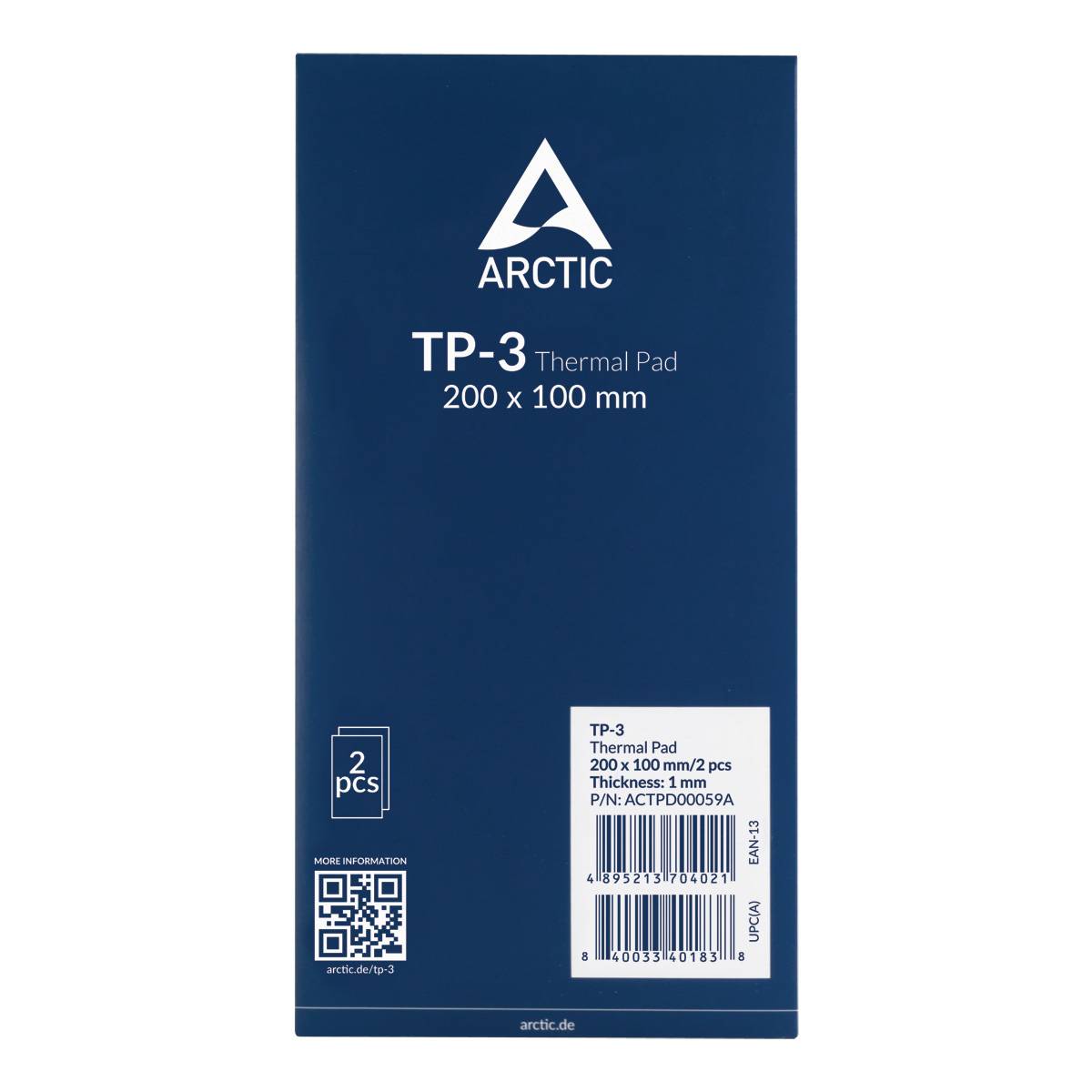 'Confezione rettangolare di un pad termoconduttore Arctic TP-3, 200 x 100 mm, spessore 1 mm, con codice QR, codice a barre e numero di serie.'