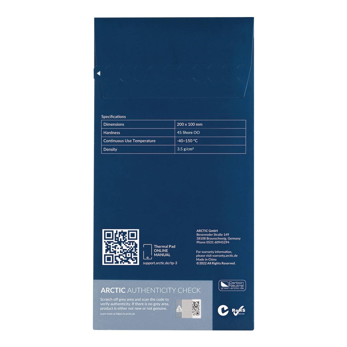 'ARCTIC Verifica di Autenticità: Scansiona il codice QR per verificare l'autenticità. Specifiche: Dimensioni 200 x 100 mm, Durezza 45 Shore 00, Range di temperatura 40-150 °C, Densità 3,5 g/cm³.'