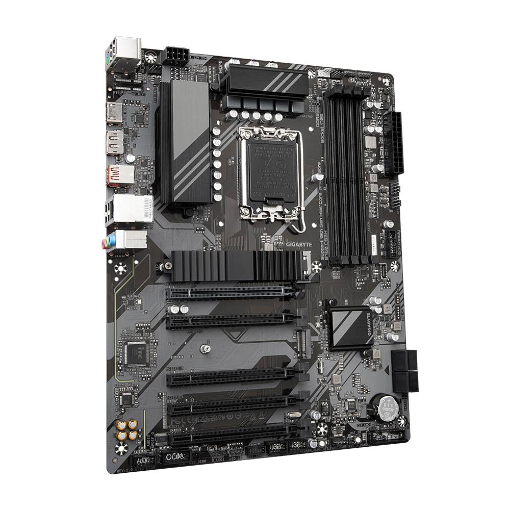 Una scheda madre per computer con diversi slot per RAM, slot PCIe e un socket per CPU. Visibili vari connettori.