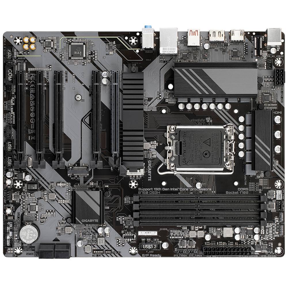 'Scheda madre nera per computer con diversi slot e connettori, inclusi socket per CPU, banchi di memoria RAM e slot PCIe.'