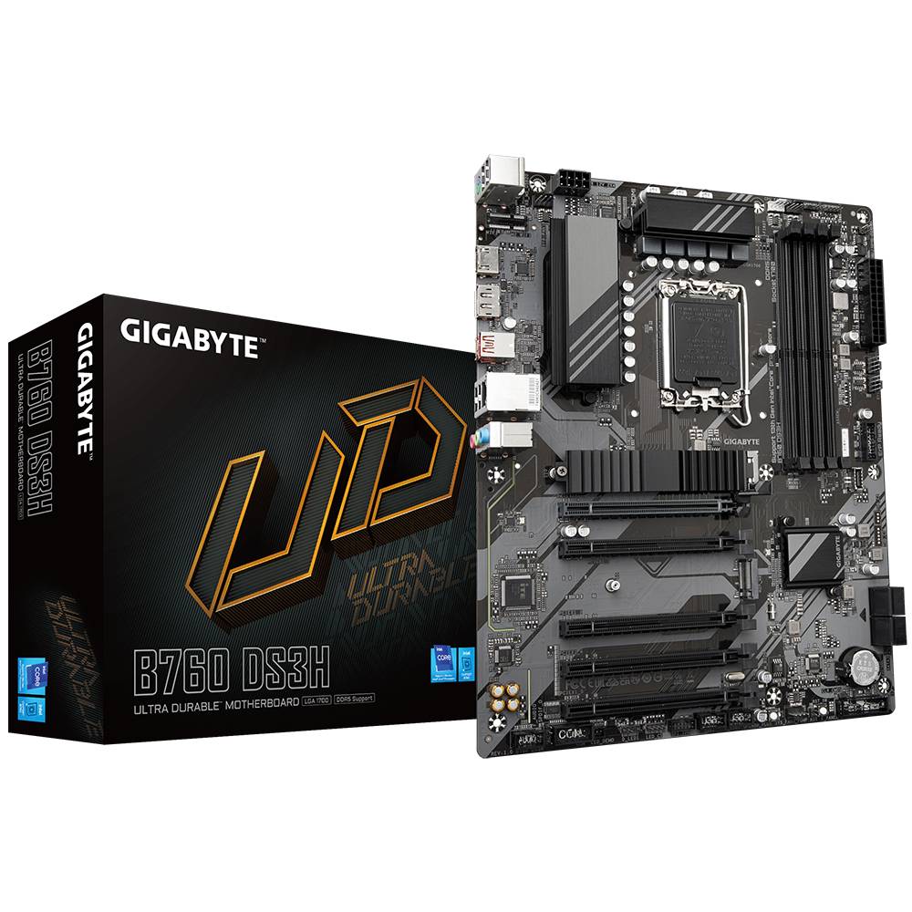 L'immagine mostra un modello di scheda madre GIGABYTE B760 DS3H con la sua confezione. La scheda madre offre diversi slot e connettori.