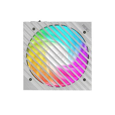 Ventola per computer grigia con griglia diagonale e colori RGB luminosi all'interno.