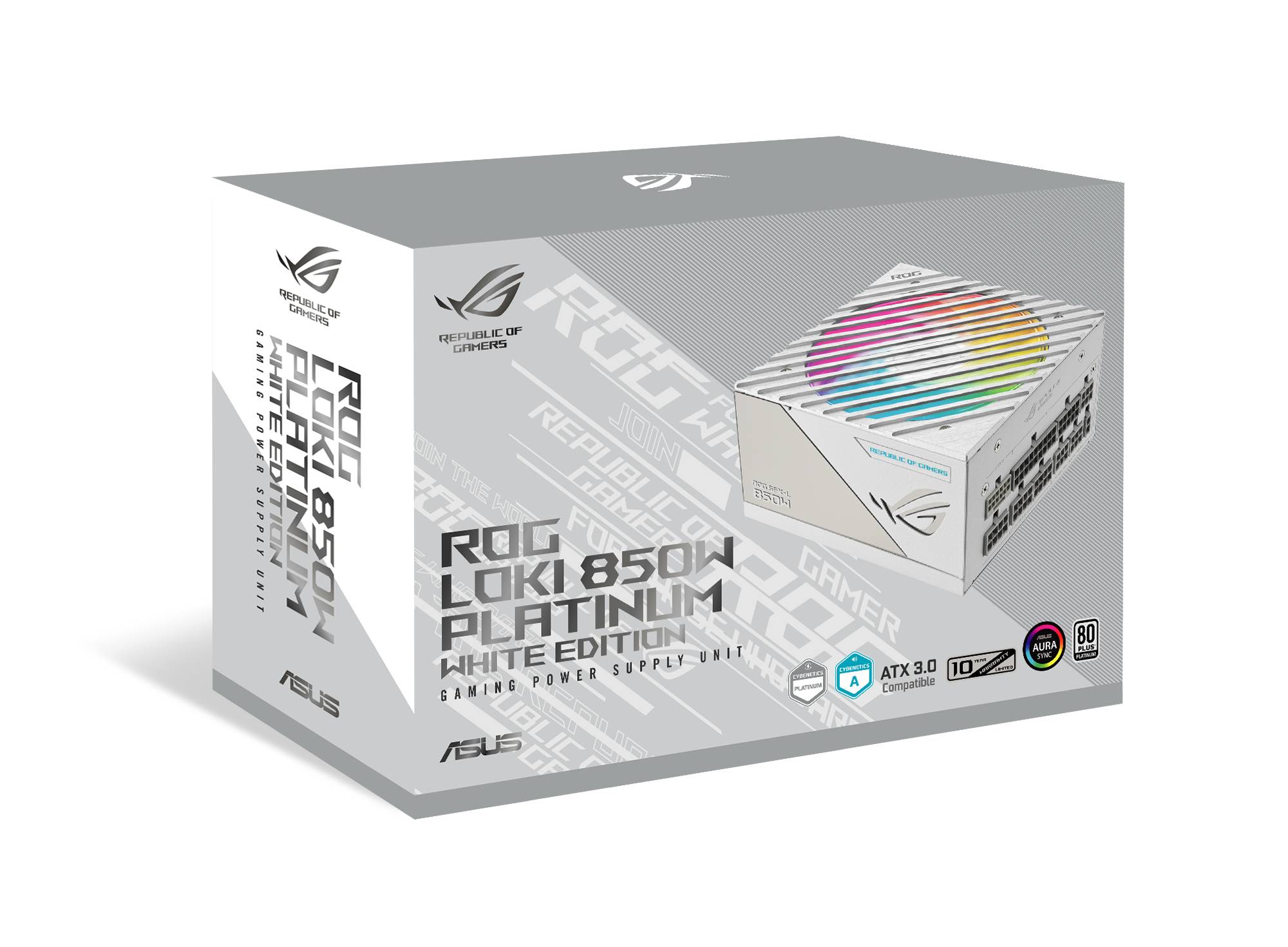 Scatola di un alimentatore ASUS ROG Loki 850W Platinum Edizione Bianca. Le stampe enfatizzano l'efficienza Platinum e l'illuminazione RGB.