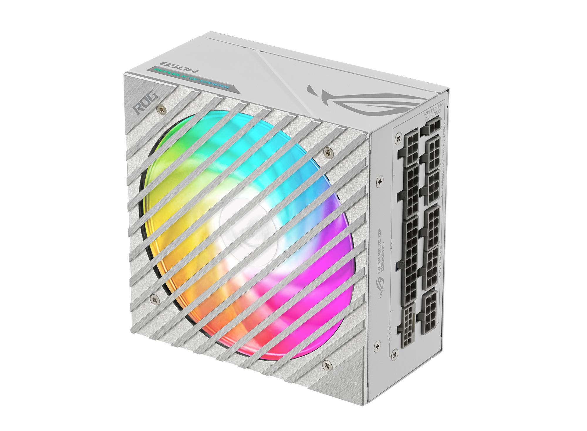 Alimentatore per PC con illuminazione RGB e ventola in primo piano; custodia argentata con numerose opzioni di connessione a destra.