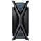 Un case per computer elegante e futuristico con accenti blu illuminati e un distintivo design a X sulla parte frontale.
