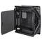 Case nero con pannello laterale trasparente. Mostra ventole, slot per scheda madre e area per la gestione dei cavi. Adatto per PC da gaming.