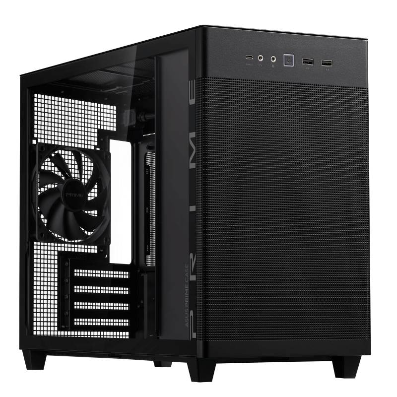 Case PC nero con porta laterale in vetro, ventole visibili e griglie di ventilazione anteriori. Design semplice e moderno.