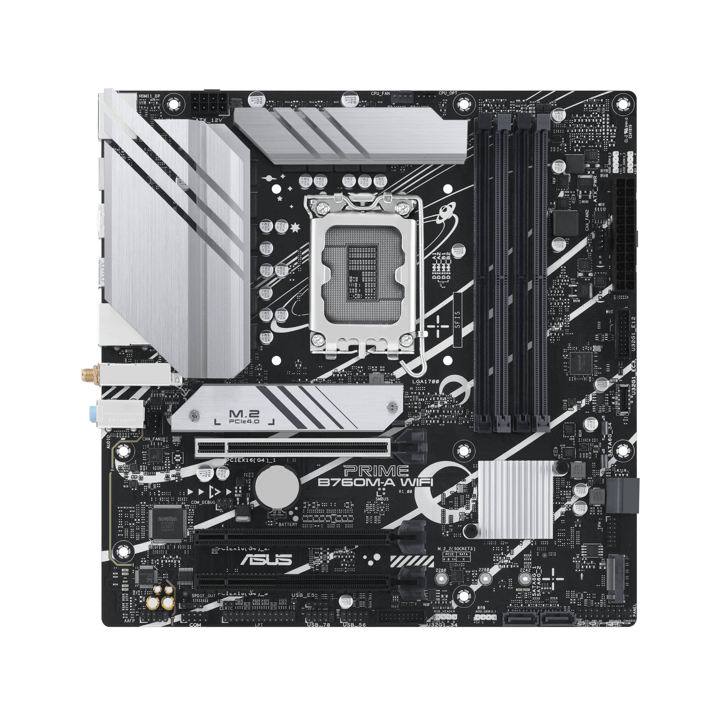 Una scheda madre ASUS Prime B760M-A WIFI, che mostra gli slot e i componenti per l'assemblaggio di un PC, come gli slot RAM, il socket della CPU e le porte di connessione.